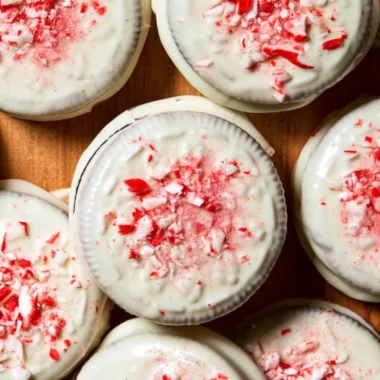Peppermint Bark Oreos with festive holiday decorations.