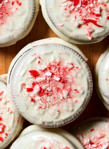Peppermint Bark Oreos with festive holiday decorations.