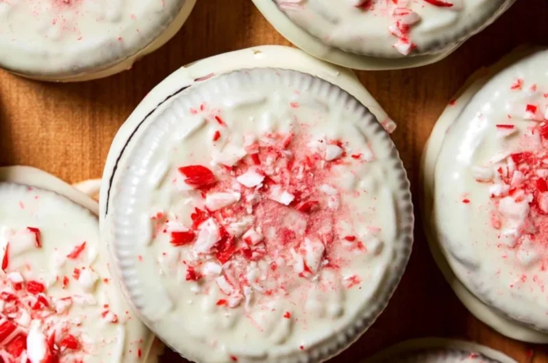 Peppermint Bark Oreos with festive holiday decorations.