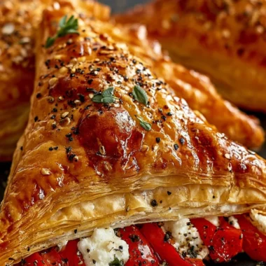 Flaky roasted red pepper and feta triangles appetizer on a serving platter.