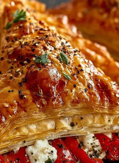 Flaky roasted red pepper and feta triangles appetizer on a serving platter.