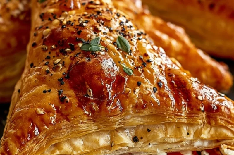 Flaky roasted red pepper and feta triangles appetizer on a serving platter.