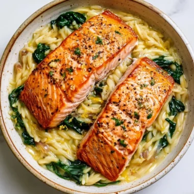 Pan-seared salmon fillet served with lemon orzo on a white plate