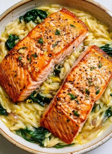 Pan-seared salmon fillet served with lemon orzo on a white plate