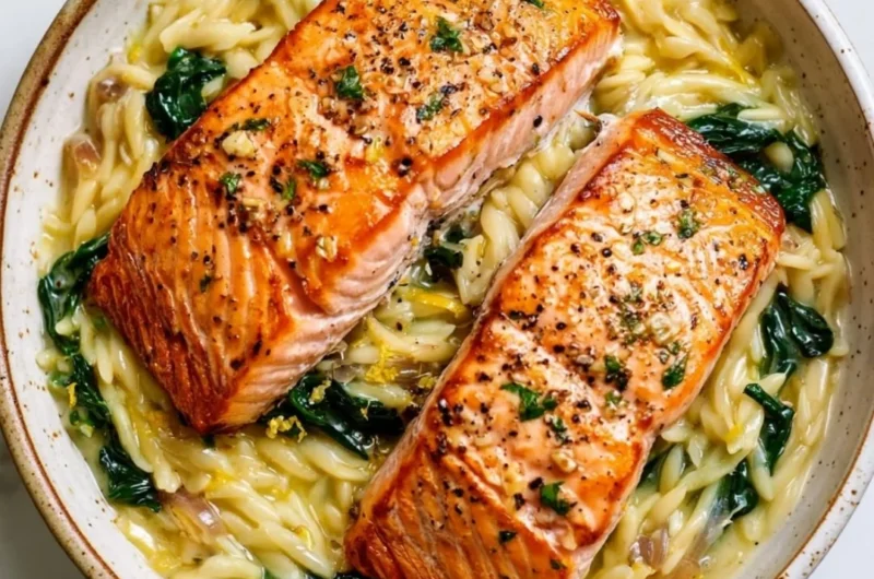 Pan-seared salmon fillet served with lemon orzo on a white plate