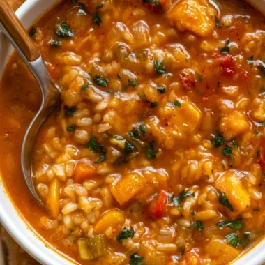 A warm bowl of spicy sweet potato soup with vegetables and rice.