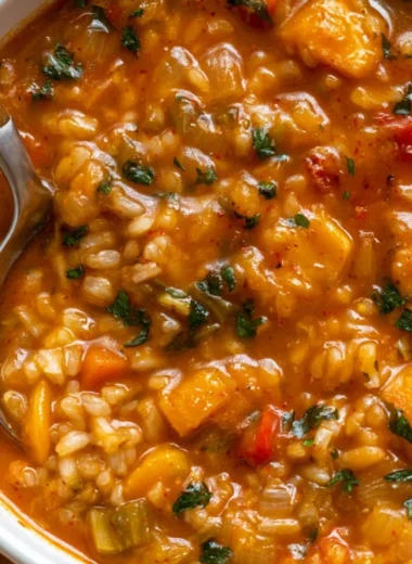 A warm bowl of spicy sweet potato soup with vegetables and rice.