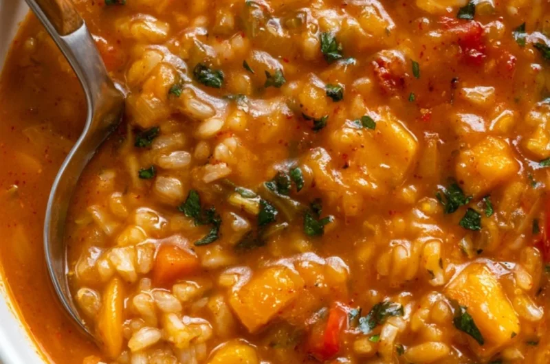 A warm bowl of spicy sweet potato soup with vegetables and rice.
