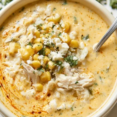 Bowl of Mexican street corn soup inspired by elote with zesty toppings.