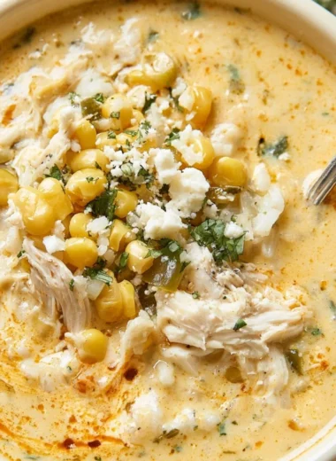 Bowl of Mexican street corn soup inspired by elote with zesty toppings.