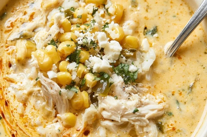 Bowl of Mexican street corn soup inspired by elote with zesty toppings.