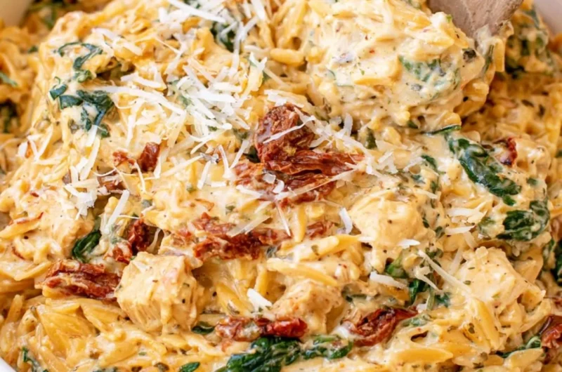 Creamy Tuscan Chicken Orzo in a slow cooker, showcasing vibrant ingredients.